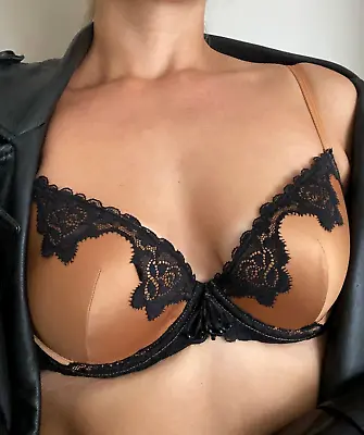 Ladies Sexy Gold Satin Black Lace Padded Underwired T Shirt Bra 32C • £7.99