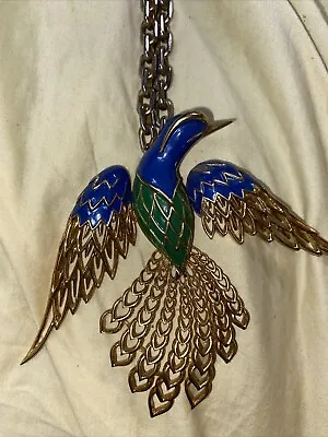 Joseph Mazer Signed JOMAZ Runway Chain Enameled Bird Pendant Necklace  26   Long • $250