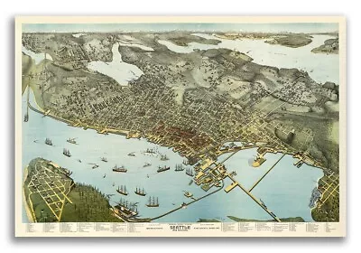 Bird's Eye View 1891 Seattle Washington Vintage Style City Map - 16x24 • $12.95