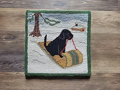 Hooked Wool Pillow Cover Black Lab Dog Snow Sledding Winter Scene 16 X16   • $18.97