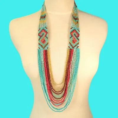 $16.99 • Buy 34  Waterfall Turquoise Coral Multi Strand Handmade Seed Bead Statement Necklace