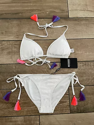 Bnwt Missguided Crochet Bikini Set Uk  8 Padded Triangle Top Tassels • £10.99