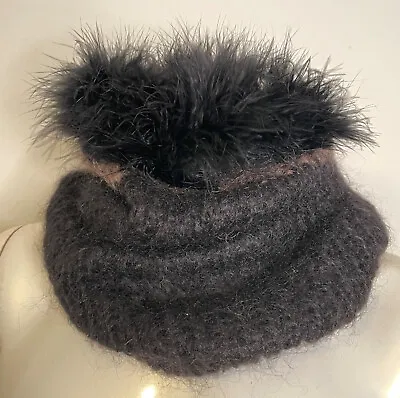Vintage Mohair & Feather Knit Neck Scarf Warmer Gaiter Scarf Black Brown • $31.33