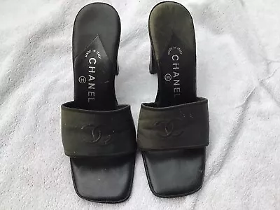 Chanel Vintage Black (faded) Leather Wooden Heel Slides Size 38C (7) Italy. • $275