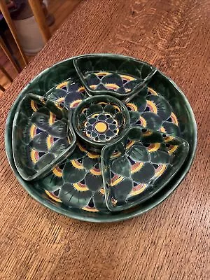 TALAVERA Ceramic 5 Piece SERVING Dish Green PEACOCK Feather Handmade Mexico • $59.99