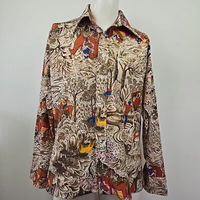Vintage 70s Disco Shirt Cellini Knitwear Men's L Allover Print Equestrian Hunt • $59.97