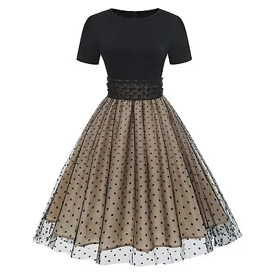 Women's Rockabilly Dresses 50s Short Sleeve Mesh Polka Dot Tulle Dress Sundress • £23.26