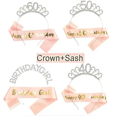 Happy Birthday Sash Tiara Set 16/18/21st/30/50/60th Crown Rose Gold Party UK • £4.79