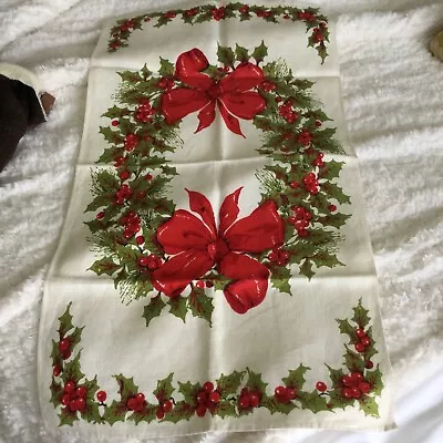 Vintage Christmas Linen TEA TOWEL - Red Bows W/ Holly - New • $14.50