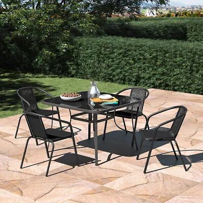 Garden Bistro Coffee Dining Table Rattan Chairs Outdoor Parasol Table 4-Seater • £185.95