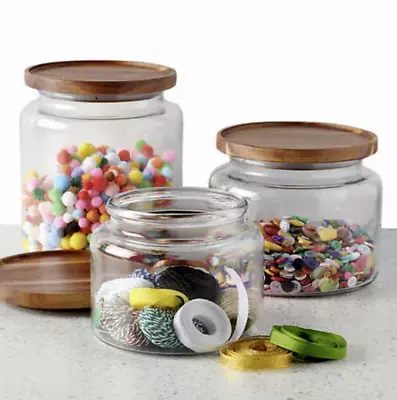 Anchor Hocking Montana Glass Jars With Acacia Lids 96oz 64oz 48oz - Set Of 3 • $43.99