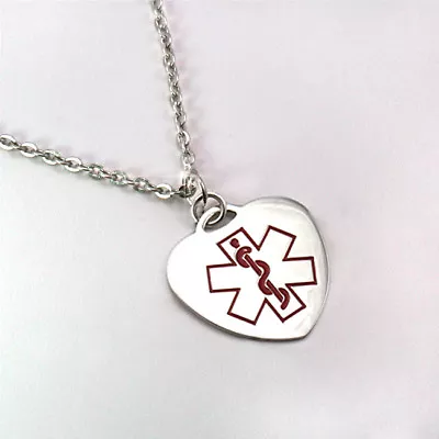 Medical Steel Heart Necklace Free Engraving. SOS Alert Pendant Women Girls • £16.99