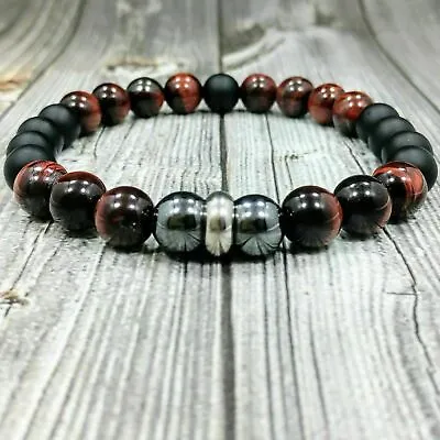 10mm Tigers Eye Hematite Onyx Gemstone Beaded Men's Bracelet Jewelry Gift • $7.49