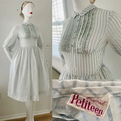 Vtg 50s Modest Milkmaid Tulle Blu White Seersucker Fit & Flair Day Dress S 34 26 • $229