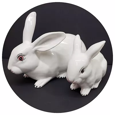 Antique COSTA ITALY Majolica White Rabbit & Kit Bunny Porcelain Ceramic Easter  • $124.95