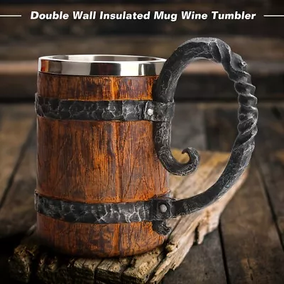 Viking Beer Mug Double Wall Insulated Whiskey Barrel Cup Viking Wood  Beer Mug • $26.99