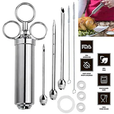 1 Set Stainless Steel Meat Injector Syringe W/ 3 Marinade Needles For BBQ Grill • £13.79