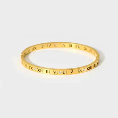 18K Gold Plated CZ Roman Numerals Sleek Minimalist Sleek Cuff Bangle Bracelet • $39.44