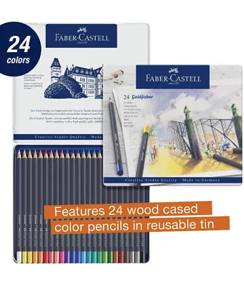 Faber-Castell 24 Goldfaber Color Pencils W/Tin Storage 3.3 Mm Lead New SEALED! • $14.99