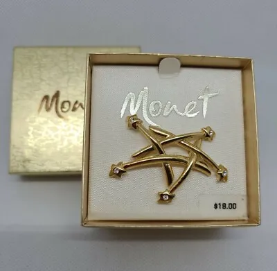 Vintage Monet Gold Tone Shooting Stars With Rhinestones In Box - New Old Stock • $12.95
