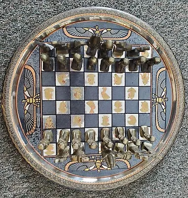 Vintage Egyptian Chess Set Round Metal On Legs 16 Inch • $90
