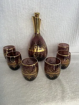 Murano Gold Trimmed Amethyst Glass Decanter Set With 6 Glasses Tumblers Barware • $59.99