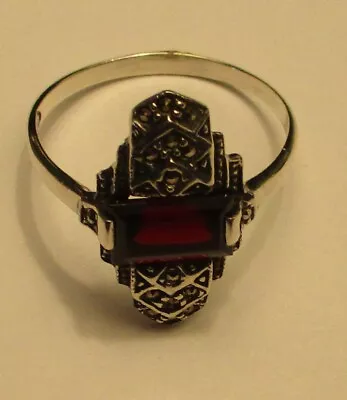 Sterling Silver Garnet Marcasite Art Deco Style Cocktail Ring Size 11 1/4 • $29