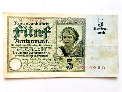 1926 Germany  5 Rentenmark 5 Mark Banknote N 19786967 • $22