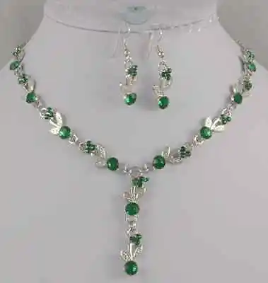 £3.99 • Buy Silver Tone Emerlad Green Crystal  Necklace And  Earrings Set