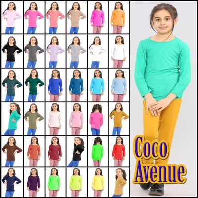 Girls Round Neck Top Kids Long Sleeve T-Shirt Plain Basic Stretch School Tee Top • £5.67