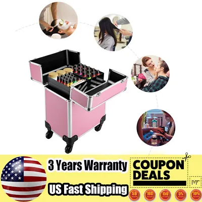Cosmetic Trolley Makeup Storage Organizer Rolling Cart Trunk W/ Wheels Pink  • $69