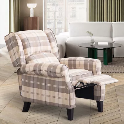 Wing Back Armchair Tartan Fabric Recliner Chair Living Room Fireside Lounge Sofa • £229.95