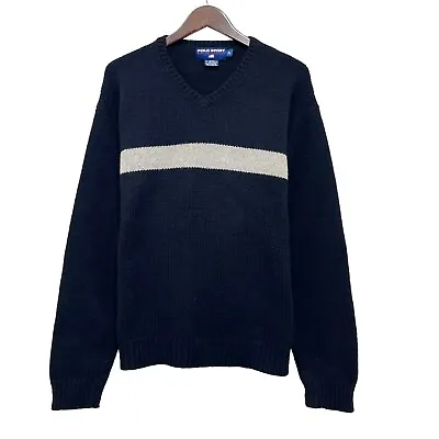 Polo Sport Ralph Lauren Vtg Men's Sz XL V-Neck Sweater Navy Blue Wool/Nylon Knit • $37.99