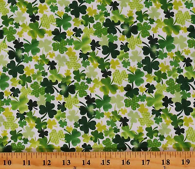 Cotton Lucky Green Four-Leaf Clovers On White Fabric Print By The Yard D562.35 • $11.95