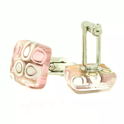 Murano Glass Cufflinks Pink And White Millefiori Venice Square Wedding • £18.95