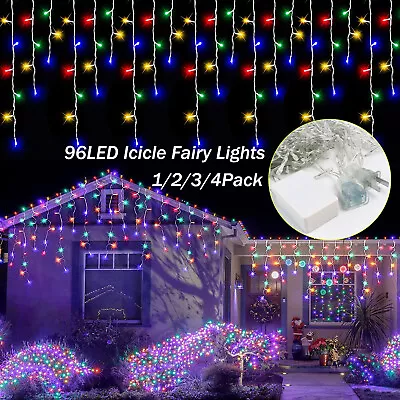 96 LED Curtain Icicle Lights String Fairy Outdoor Garden Christmas Wedding Party • $44.89