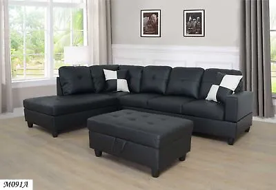 Blcak L Shape  Faux Leather 3-Piece Couch Living Room Sofa Set • $1236.97