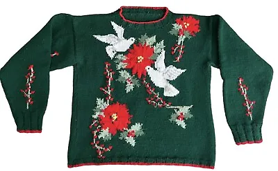 Handmade Knit Vintage Christmas Sweater  Doves Poinsettia  • $32