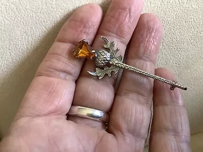 MIZPAH Signed Scottish Celtic Sword Thistle Kilt Brooch Pin Amber Glass VGC • £5.99