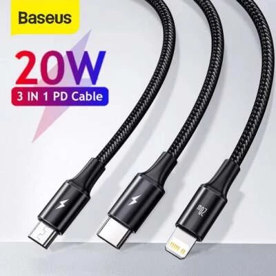 $18.99 • Buy 3-in-1 PD 20W Fast Charging Cable 1.5m USB-C To Lightning + USB-C + Micro USB