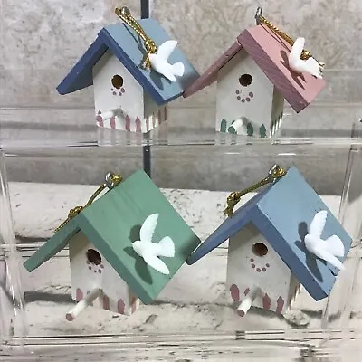Miniature Birdhouses W/Doves Christmas Ornaments Lot Of 4 Wood Painted Handmade • $22.30