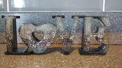 Handmade Resin Freestanding LOVE Black And Silver Sign With  Ombré Glitter • £15.09