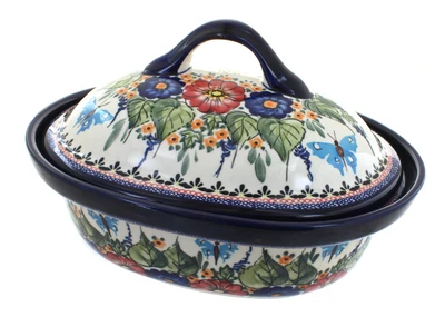 £232.41 • Buy Blue Rose Polish Pottery Floral Butterfly Roaster With Lid