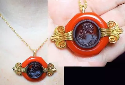 1 1910 AMBER Bacchus Cameo Necklace Grecian Gentleman Full Beard In Red BAKELITE • $149.90