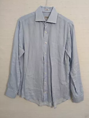 Peter Millar Mens Mv100% Linen Button Up Shirt Blue Patterned Long Sleeves Golf • $32