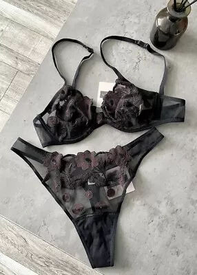 Malizia By La Perla Black With Brown Flowers 34B  Knickers USA 12 • $95