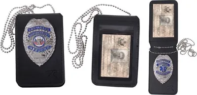 $20.99 • Buy Black Leather Neck ID Holder Universal Badge Pass Card Shield Uniform School