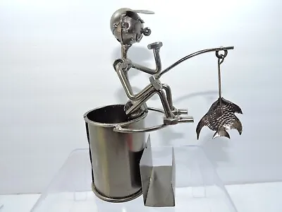 Metal Fishing Man Sculpture For Desk Hold Card And Pens Silver Comical • $16