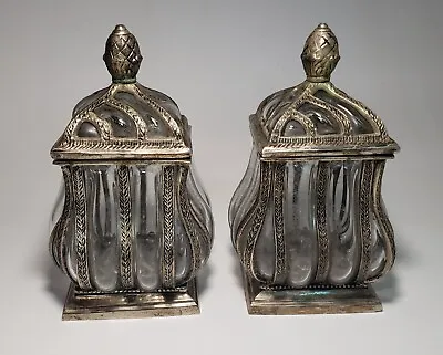 $99.99 • Buy Vintage Baroque India Brass Caged Bubble Glass Square Lidded Apothecary Jars