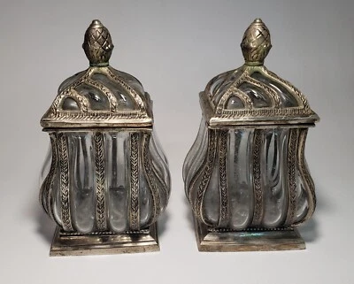 $99.99 • Buy Vintage Baroque India Brass Caged Bubble Glass Square Lidded Apothecary Jars